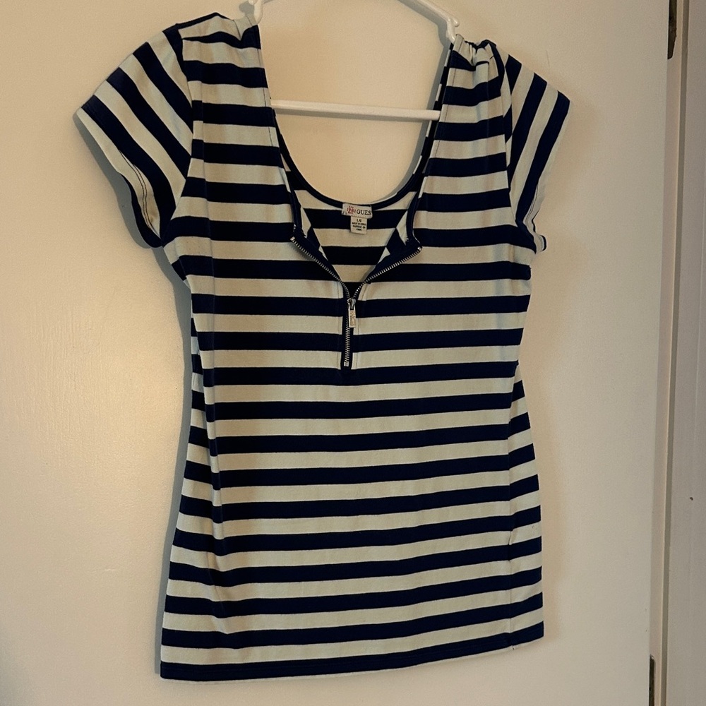 Guess Blue and White Fitted T-Shirt